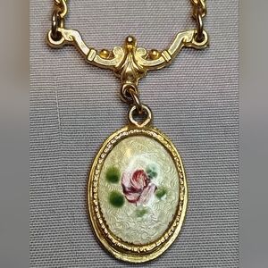 Vintage Guilloche Pink Rose Pendant Necklace